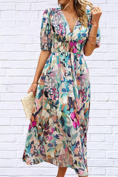 Elegant Short Sleeve Floral Print Midi Dress