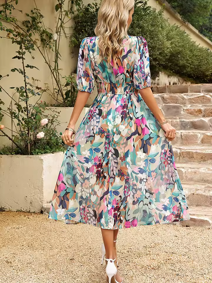 Elegant Short Sleeve Floral Print Midi Dress