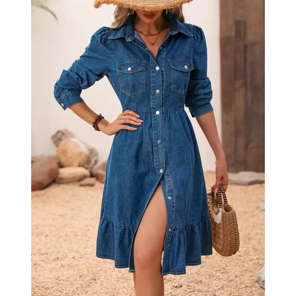 2025 Dames Denim Shirt Korte Mouw Jurk Lente Zomer Nieuwe Taille Slim Fit Patchwork Zak Elegante Denim A-lijn Jurk Dames