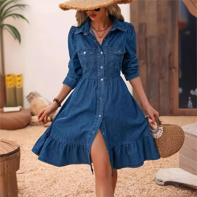 2025 Dames Denim Shirt Korte Mouw Jurk Lente Zomer Nieuwe Taille Slim Fit Patchwork Zak Elegante Denim A-lijn Jurk Dames