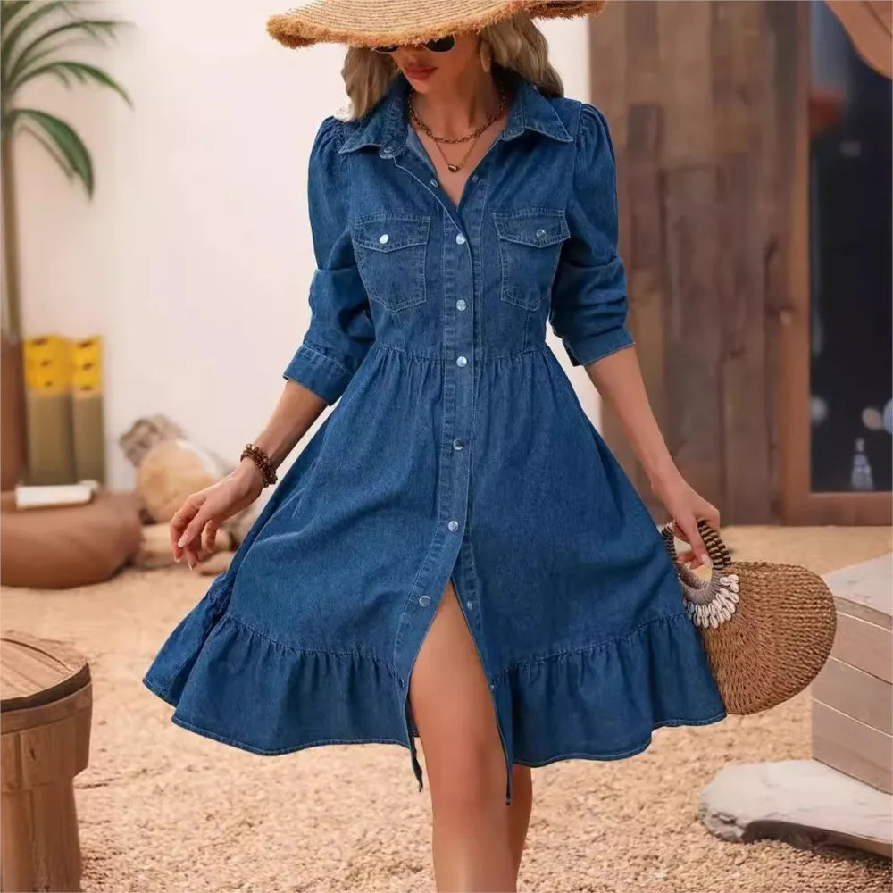 2025 Dames Denim Shirt Korte Mouw Jurk Lente Zomer Nieuwe Taille Slim Fit Patchwork Zak Elegante Denim A-lijn Jurk Dames