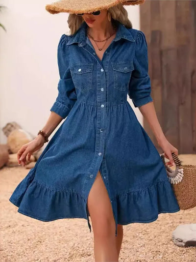 2025 Dames Denim Shirt Korte Mouw Jurk Lente Zomer Nieuwe Taille Slim Fit Patchwork Zak Elegante Denim A-lijn Jurk Dames