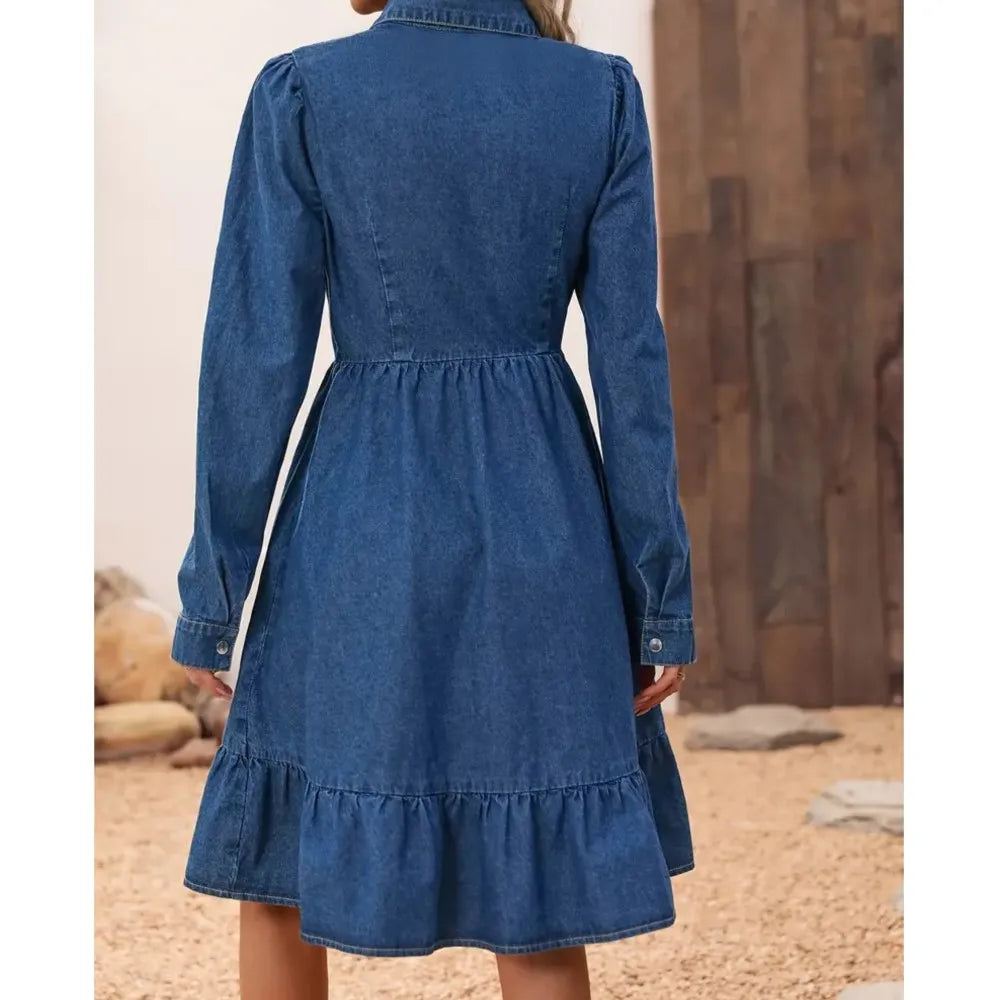 2025 Dames Denim Shirt Korte Mouw Jurk Lente Zomer Nieuwe Taille Slim Fit Patchwork Zak Elegante Denim A-lijn Jurk Dames
