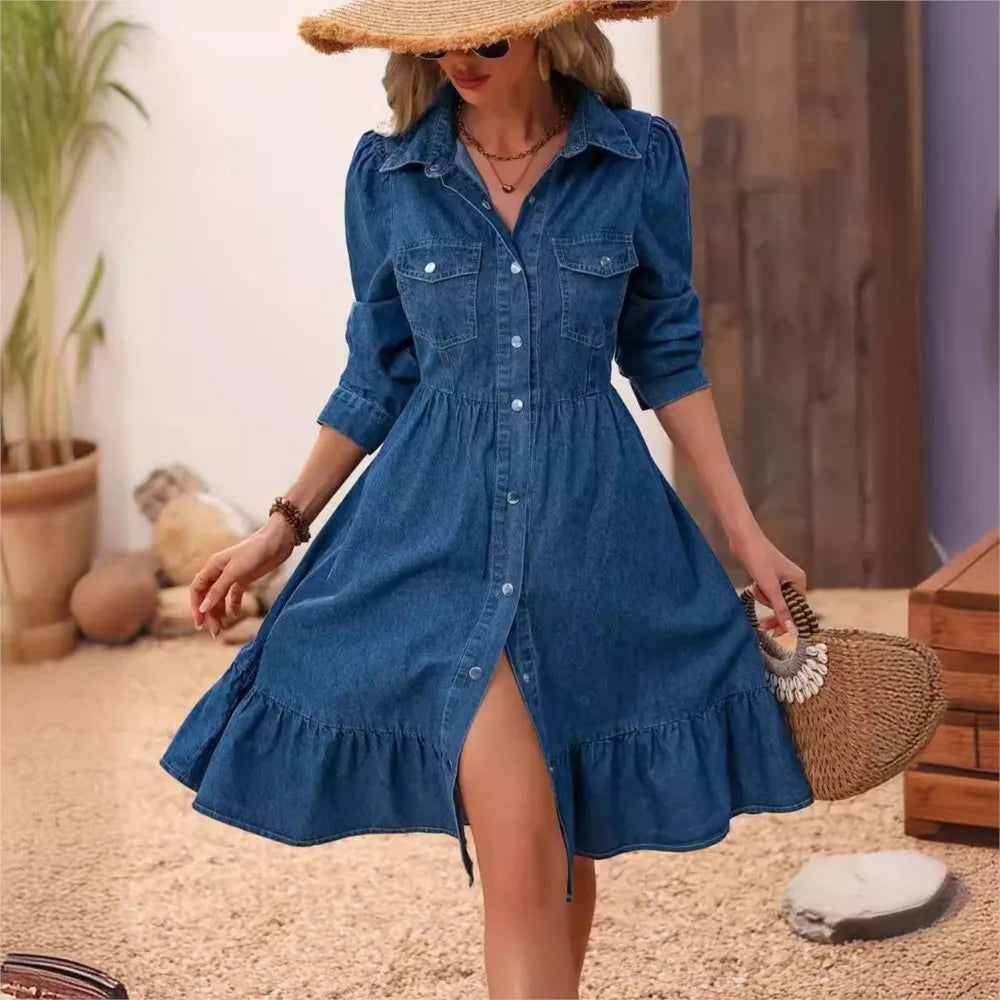 2025 Dames Denim Shirt Korte Mouw Jurk Lente Zomer Nieuwe Taille Slim Fit Patchwork Zak Elegante Denim A-lijn Jurk Dames
