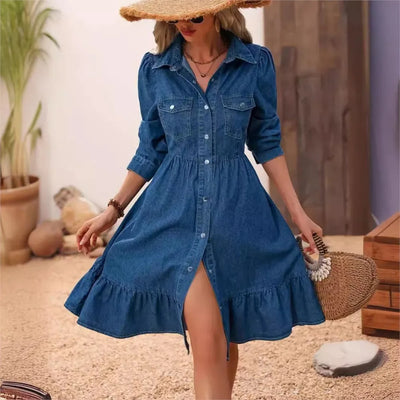 2025 Dames Denim Shirt Korte Mouw Jurk Lente Zomer Nieuwe Taille Slim Fit Patchwork Zak Elegante Denim A-lijn Jurk Dames