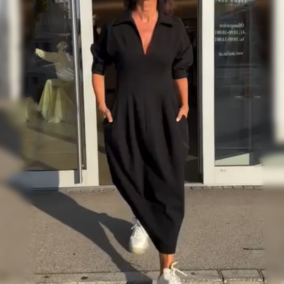 Damen Midikleid mit V-Ausschnitt und Kragen